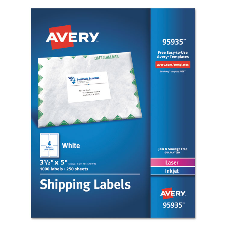 Avery - White Shipping Labels-Bulk Packs, Inkjet/Laser Printers, 3.5 x 5, White, 4/Sheet, 250 Sheets/Box