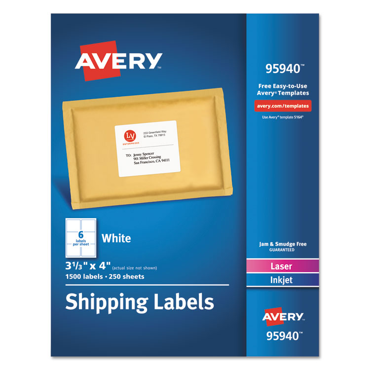 Avery - White Shipping Labels-Bulk Packs, Inkjet/Laser Printers, 3.33 x 4, White, 6/Sheet, 250 Sheets/Box