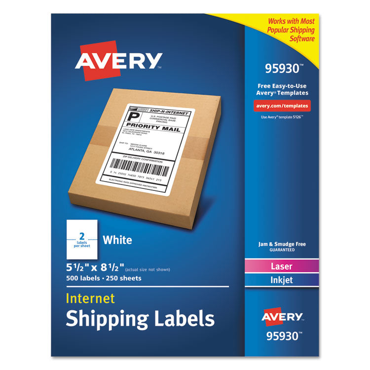 Avery - White Shipping Labels-Bulk Packs, Inkjet/Laser Printers, 5.5 x 8.5, White, 2/Sheet, 250 Sheets/Box