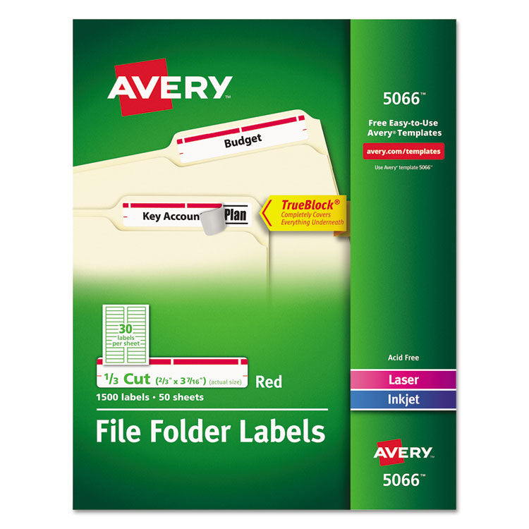 Avery - Permanent TrueBlock File Folder Labels with Sure Feed Technology, 0.66 x 3.44, White, 30/Sheet, 50 Sheets/Box (5628432)