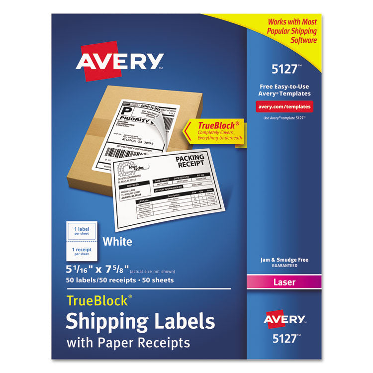 Avery - Shipping Labels with Paper Receipt and TrueBlock Technology, Inkjet/Laser Printers, 5.06 x 7.63, White, 50/Pack