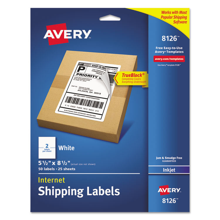 Avery - Shipping Labels w/ TrueBlock Technology, Inkjet Printers, 5.5 x 8.5, White, 2/Sheet, 25 Sheets/Pack