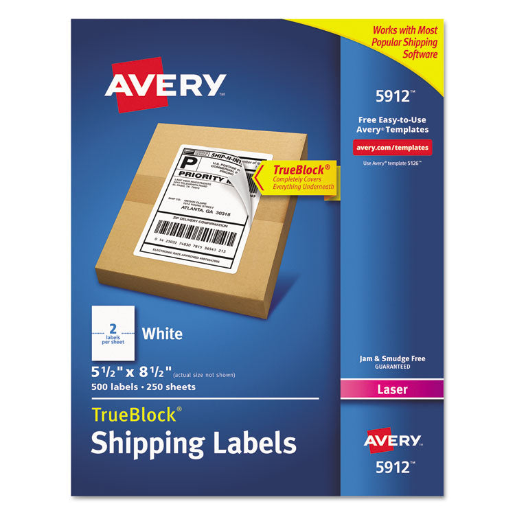 Avery - Shipping Labels w/ TrueBlock Technology, Laser Printers, 5.5 x 8.5, White, 2/Sheet, 250 Sheets/Box