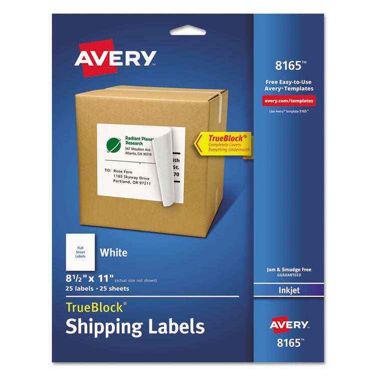 Avery - Shipping Labels with TrueBlock Technology, Inkjet Printers, 8.5 x 11, White, 25/Pack