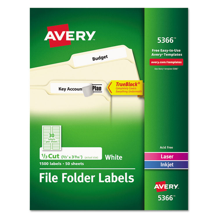 Avery - Permanent TrueBlock File Folder Labels with Sure Feed Technology, 0.66 x 3.44, White, 30/Sheet, 50 Sheets/Box (5754866)