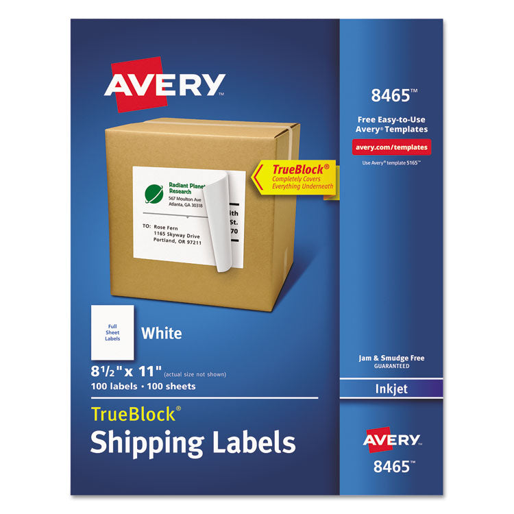 Avery - Shipping Labels with TrueBlock Technology, Inkjet Printers, 8.5 x 11, White, 100/Box