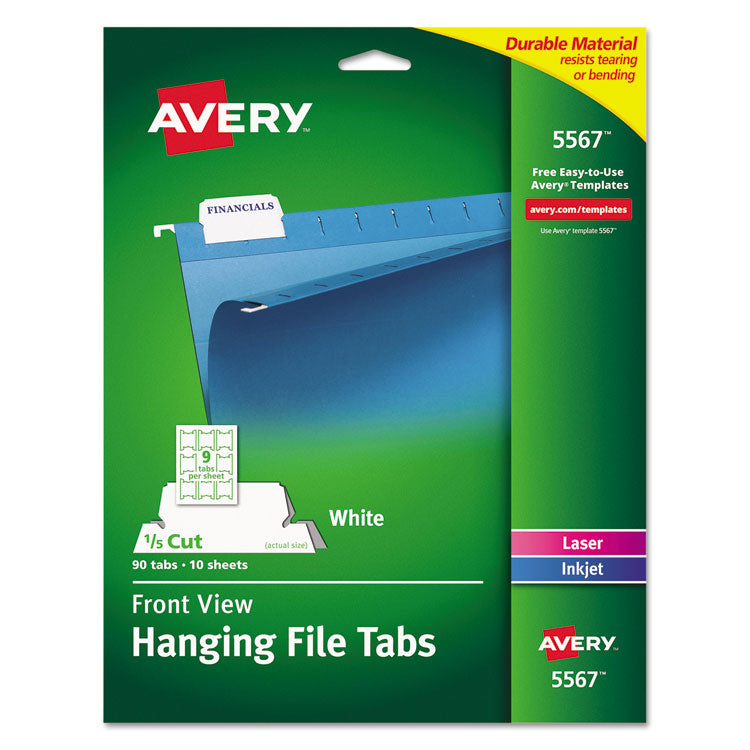 Avery - Laser Printable Hanging File Tabs, 1/5-Cut, White, 2.06" Wide, 90/Pack