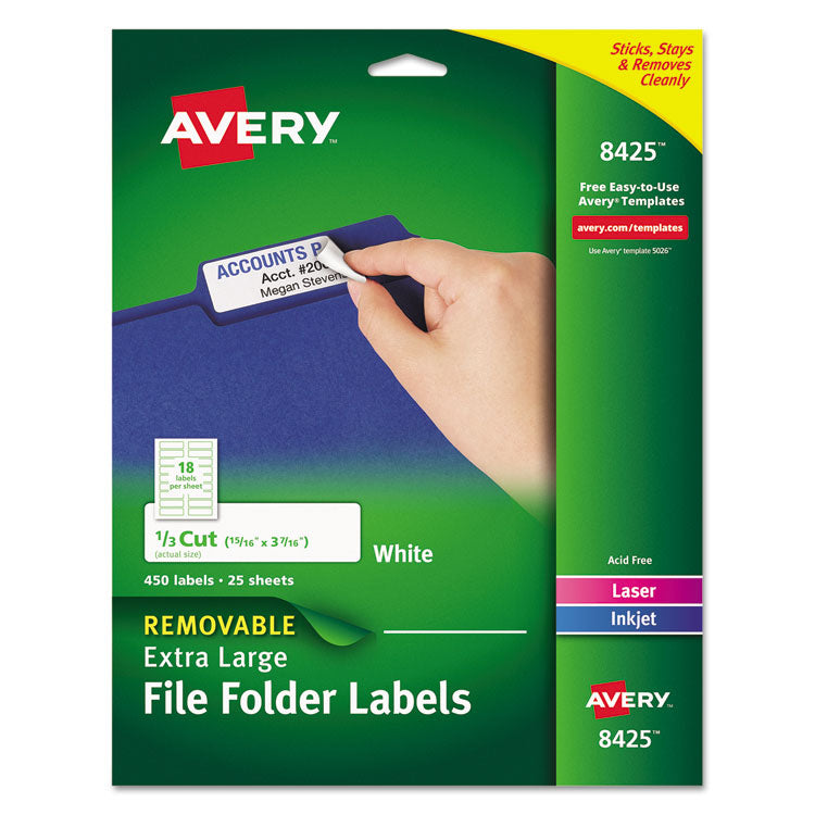 Avery - Removable File Folder Labels with Sure Feed Technology, 0.94 x 3.44, White, 18/Sheet, 25 Sheets/Pack