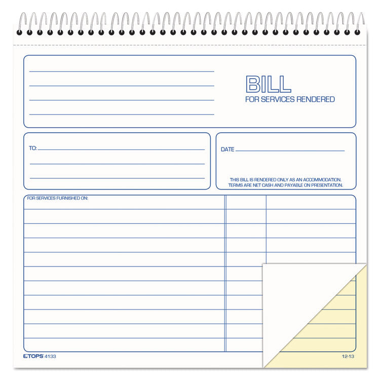 TOPS - Bill for Services Rendered Book, Two-Part Carbonless, 8.5 x 7.75, 50 Forms Total