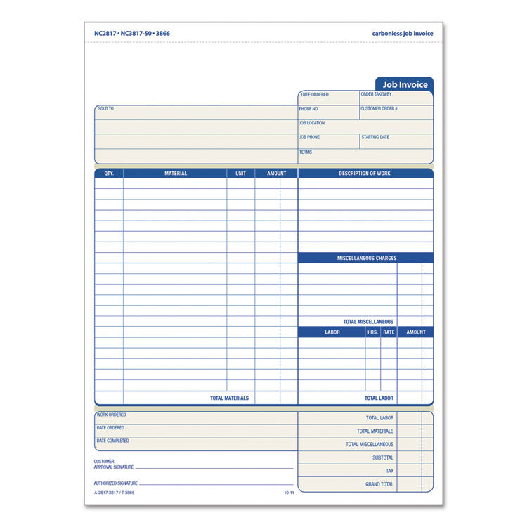 TOPS - Snap-Off Job Invoice Form, Three-Part Carbonless, 8.5 x 11.63, 1/Page, 50 Forms