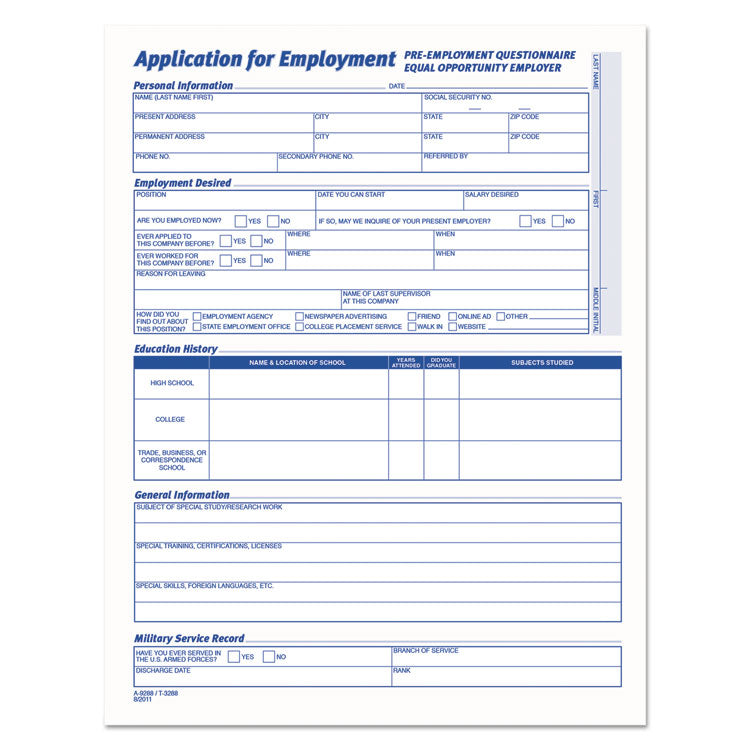 TOPS - Comprehensive Employee Application Form, 8.5 x 11, 1/Page, 25 Forms
