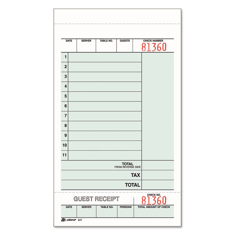 Adams - Guest Check Unit Set, Two-Part Carbonless, 6.75 x 4.25, 1/Page, 250/Pack