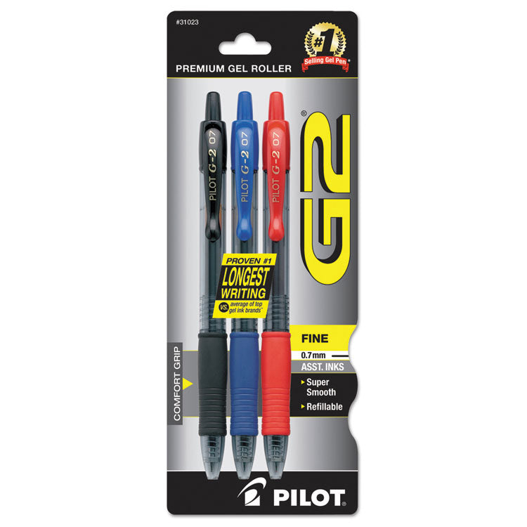 Pilot - G2 Premium Gel Pen, Retractable, Fine 0.7 mm, Assorted Ink Colors, Smoke Barrel, 3/Pack