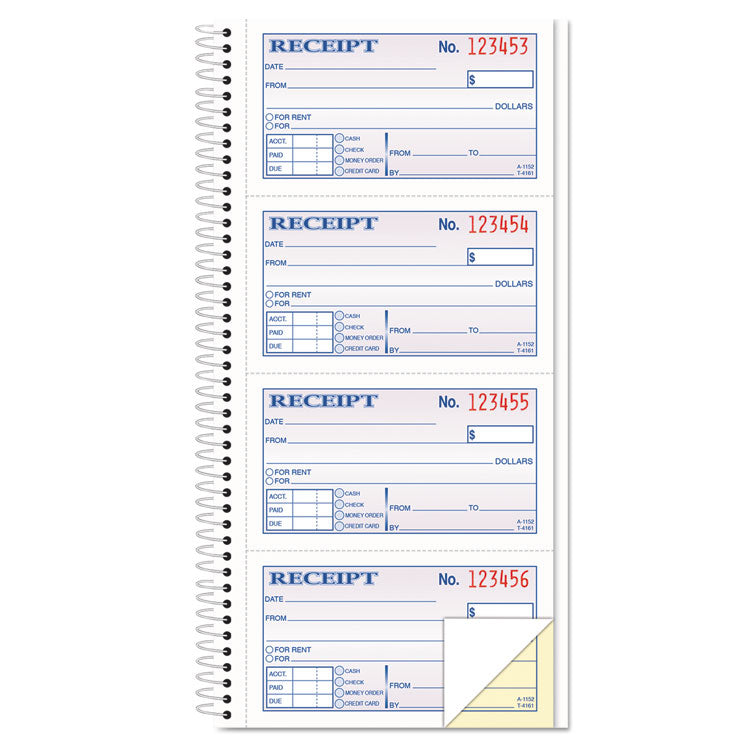 TOPS - Spiralbound Money and Rent Receipt Book, Two-Part Carbonless, 4.75 x 2.75, 4 Forms/Sheet, 200 Forms Total