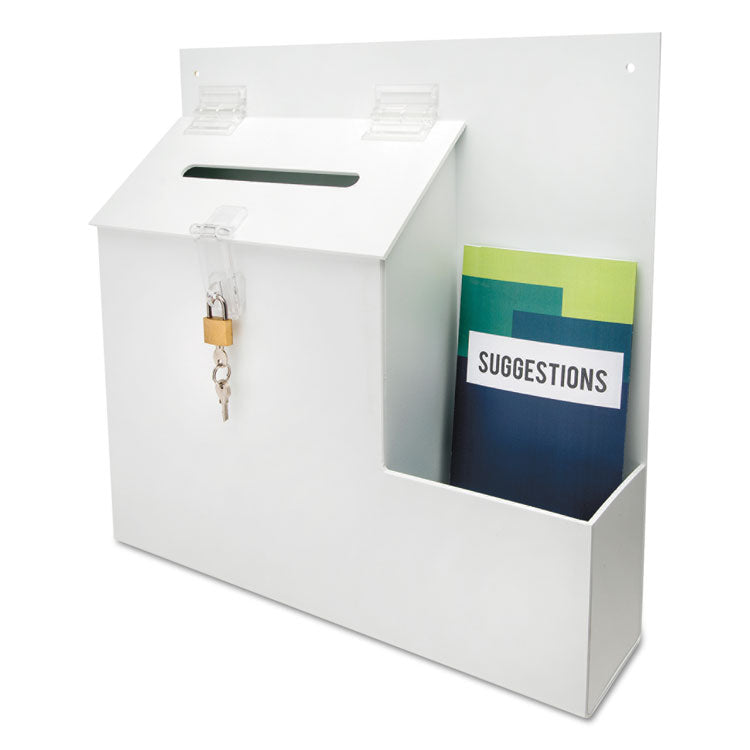 deflecto - Suggestion Box Literature Holder with Locking Top, 13.75 x 3.63 x 13.94, Plastic, White