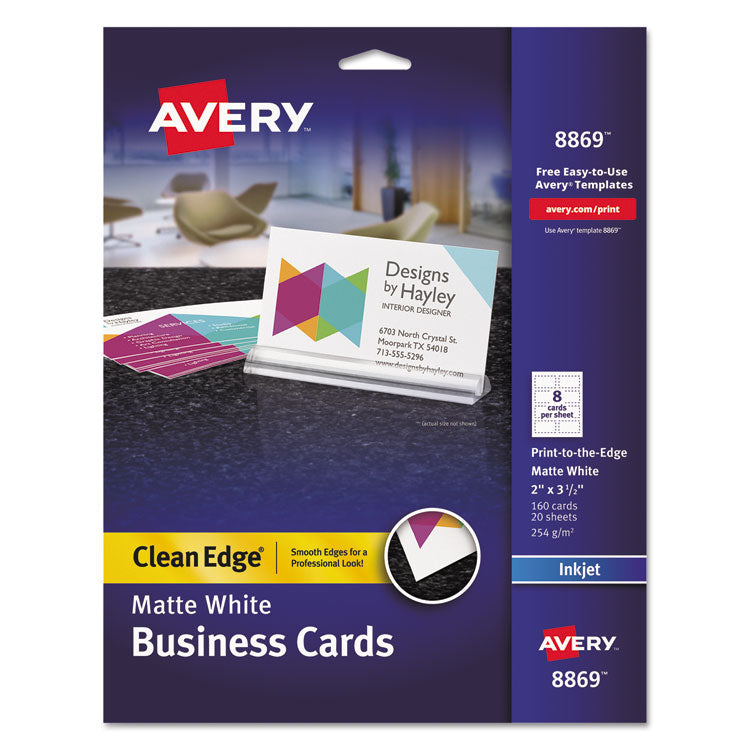 Avery - Print-to-the-Edge True Print Business Cards, Inkjet, 2 x 3.5, White, 160 Cards, 8 Cards Sheet, 20 Sheets/Pack