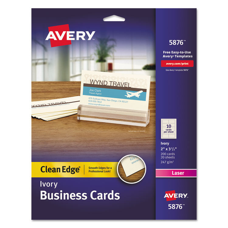 Avery - Clean Edge Business Cards, Laser, 2 x 3.5, Ivory, 200 Cards, 10 Cards/Sheet, 20 Sheets/Pack