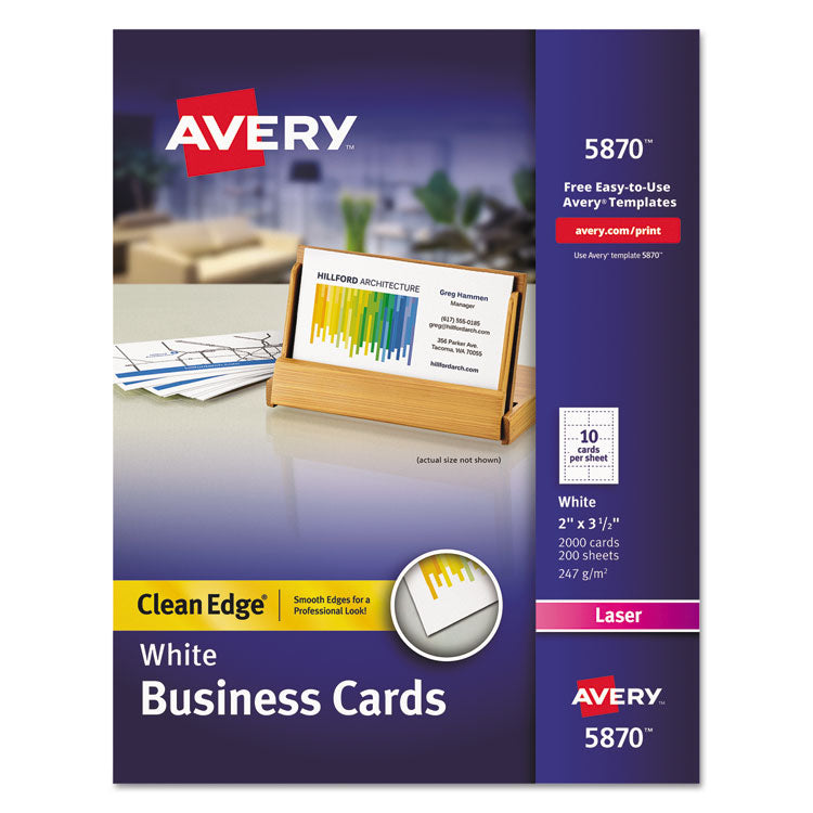 Avery - Clean Edge Business Card Value Pack, Laser, 2 x 3.5, White, 2,000 Cards, 10 Cards/Sheet, 200 Sheets/Box