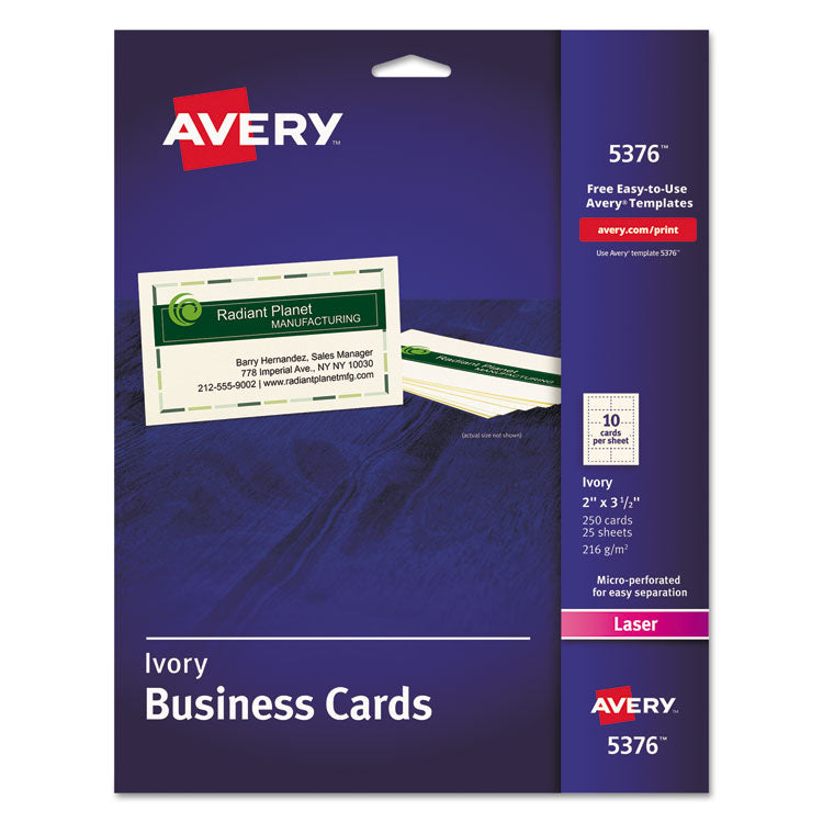 Avery - Printable Microperforated Business Cards w/Sure Feed Technology, Laser, 2 x 3.5, Ivory, 250 Cards, 10/Sheet, 25 Sheets/Pack