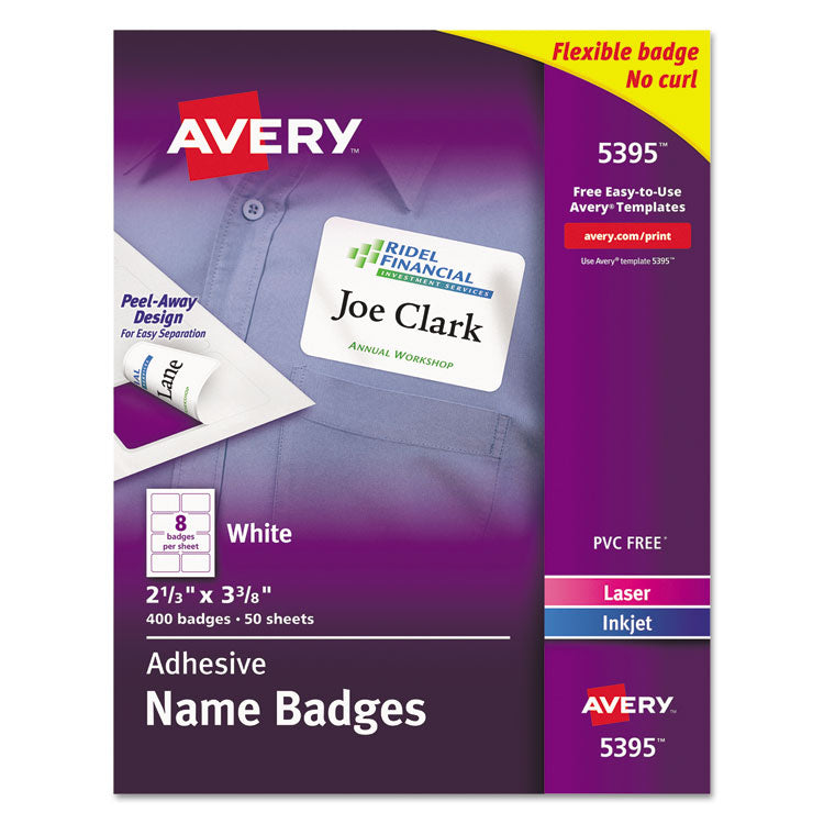 Avery - Flexible Adhesive Name Badge Labels, 3.38 x 2.33, White, 400/Box