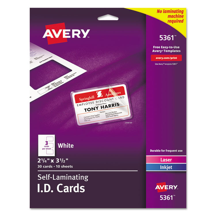 Avery - Laminated Laser/Inkjet ID Cards, 2 1/4 x 3 1/2, White, 30/Box