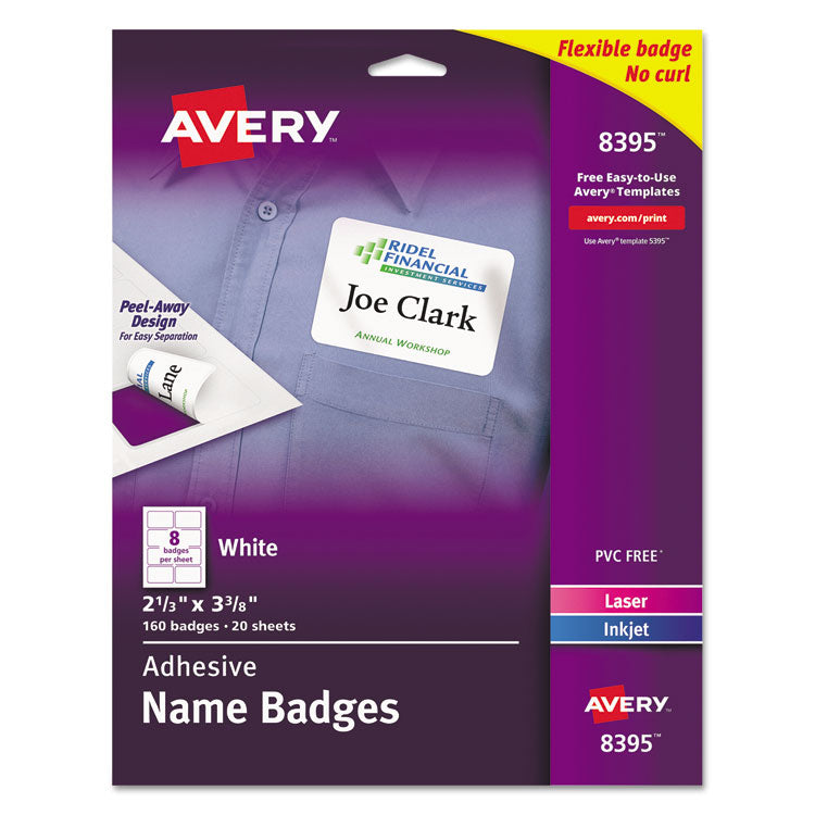 Avery - Flexible Adhesive Name Badge Labels, 3.38 x 2.33, White, 160/Pack