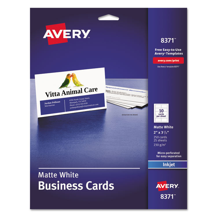 Avery - Printable Microperforated Business Cards w/Sure Feed Technology, Inkjet, 2 x 3.5, White,  250 Cards, 10/Sheet, 25 Sheets/Pack