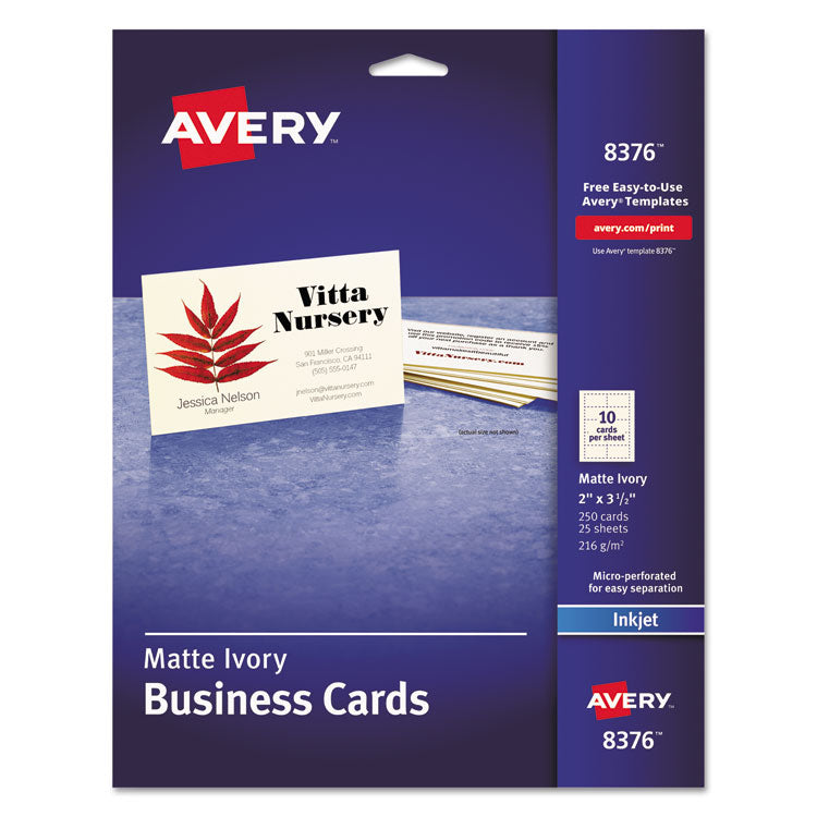 Avery - Printable Microperforated Business Cards w/Sure Feed Technology, Inkjet, 2 x 3.5, Ivory, 250 Cards, 10/Sheet, 25 Sheets/Pack