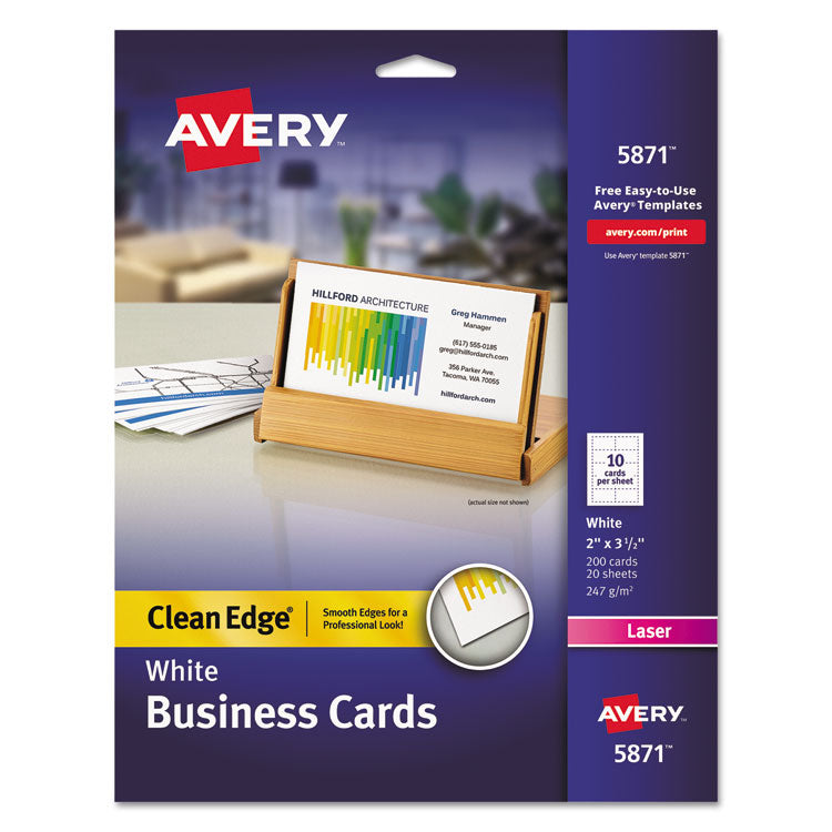 Avery - Clean Edge Business Cards, Laser, 2 x 3.5, White, 200 Cards, 10 Cards/Sheet, 20 Sheets/Pack