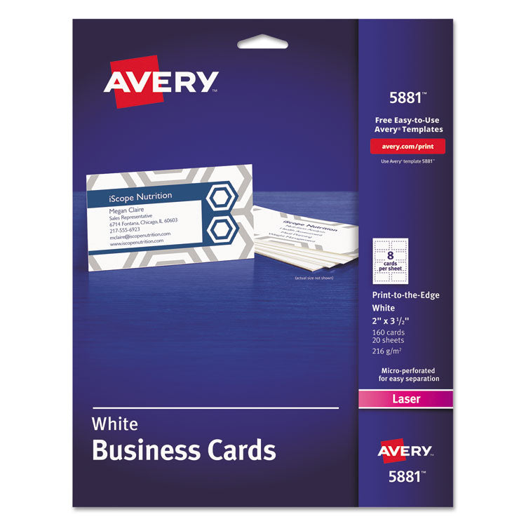 Avery - Print-to-the-Edge Microperf Business Cards w/Sure Feed Technology, Color Laser, 2x3.5, White, 160 Cards, 8/Sheet,20 Sheets/PK