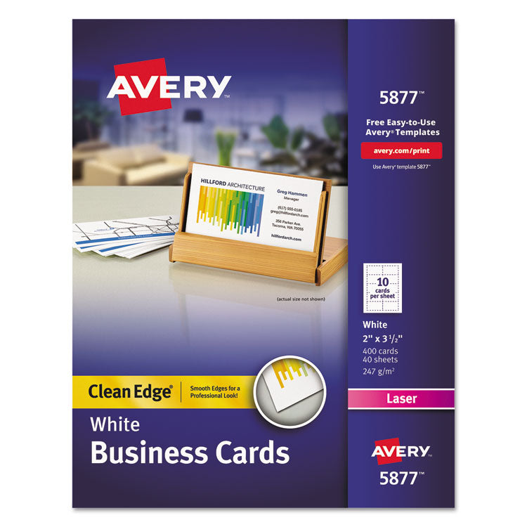 Avery - Clean Edge Business Cards, Laser, 2 x 3.5, White, 400 Cards, 10 Cards/Sheet, 40 Sheets/Box