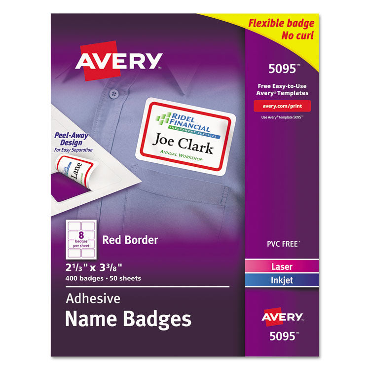 Avery - Flexible Adhesive Name Badge Labels, 3.38 x 2.33, White/Red Border, 400/Box