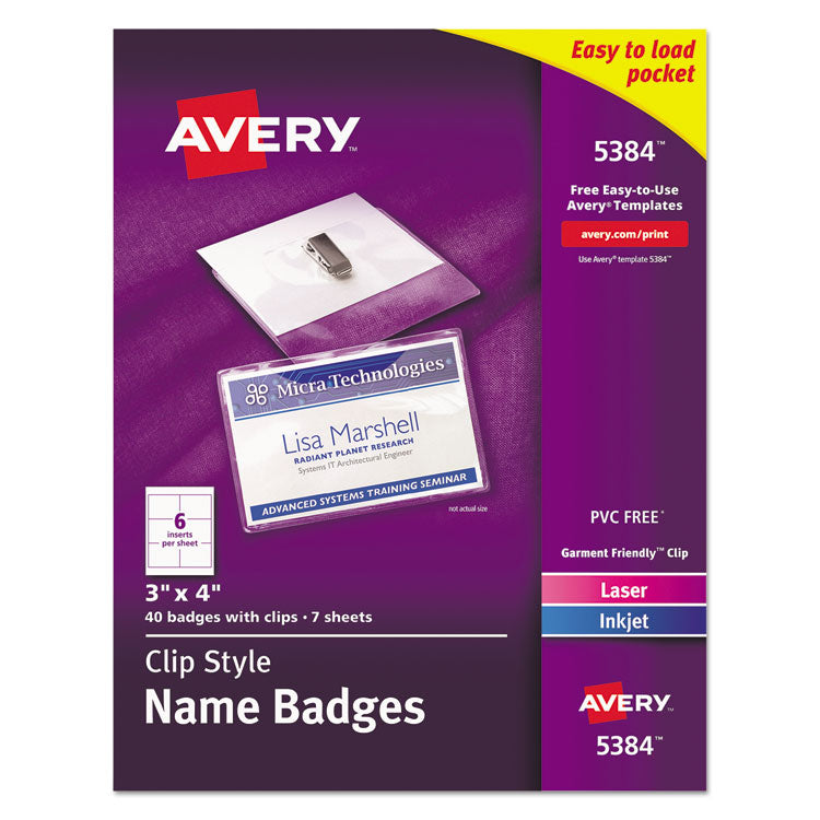 Avery - Clip-Style Name Badge Holder with Laser/Inkjet Insert, Top Load, 4 x 3, White, 40/Box