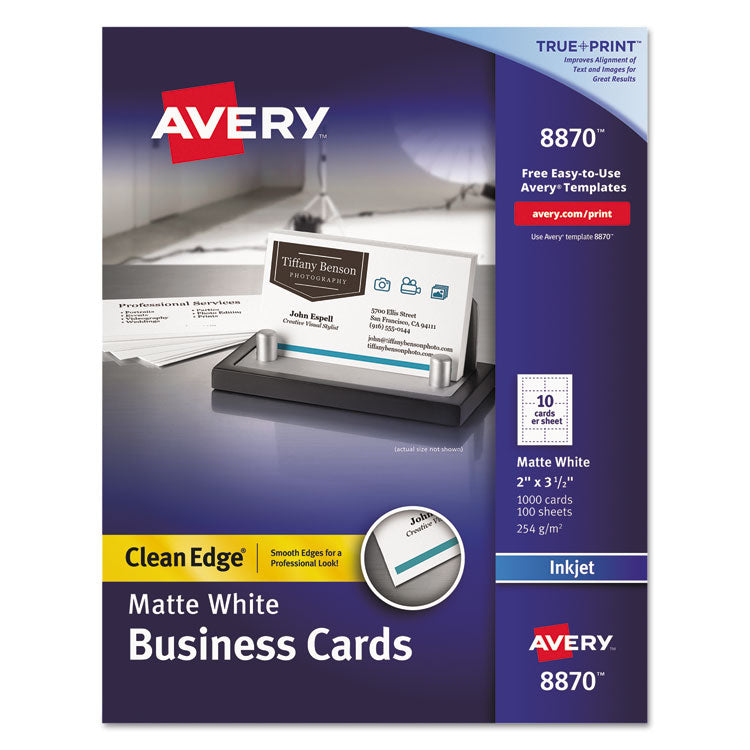 Avery - True Print Clean Edge Business Cards, Inkjet, 2 x 3.5, White, 1,000 Cards, 10 Cards/Sheet, 100 Sheets/Box