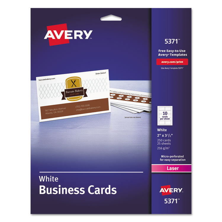 Avery - Printable Microperforated Business Cards w/Sure Feed Technology, Laser, 2 x 3.5, White, 250 Cards, 10/Sheet, 25 Sheets/Pack