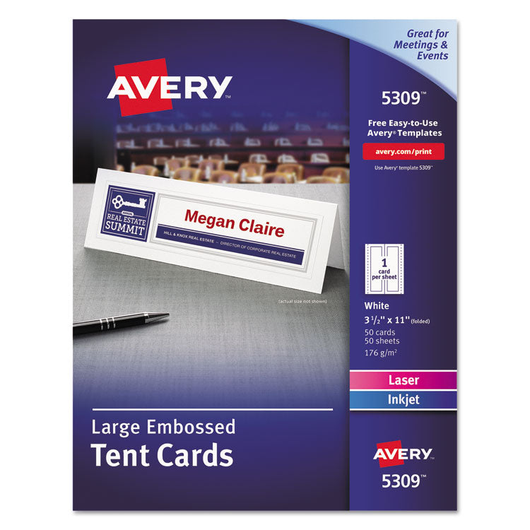 Avery - Large Embossed Tent Card, White, 3.5 x 11, 1 Card/Sheet, 50 Sheets/Box