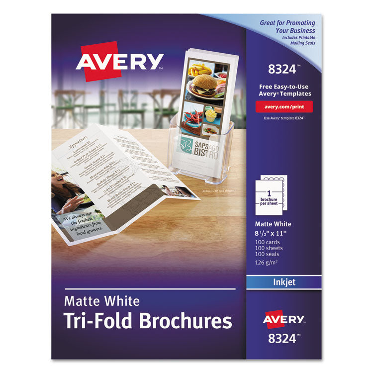 Avery - Tri-Fold Brochures, 92 Bright, 85 lb Text Weight, 8.5 x 11, Matte White, 100/Pack