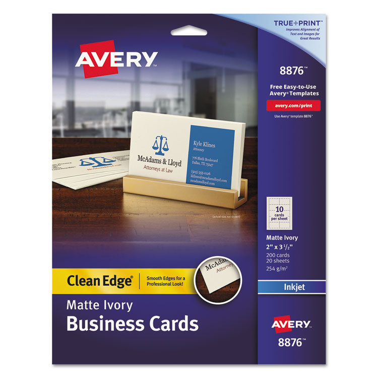 Avery - True Print Clean Edge Business Cards, Inkjet, 2 x 3.5, Ivory, 200 Cards, 10 Cards Sheet, 20 Sheets/Pack