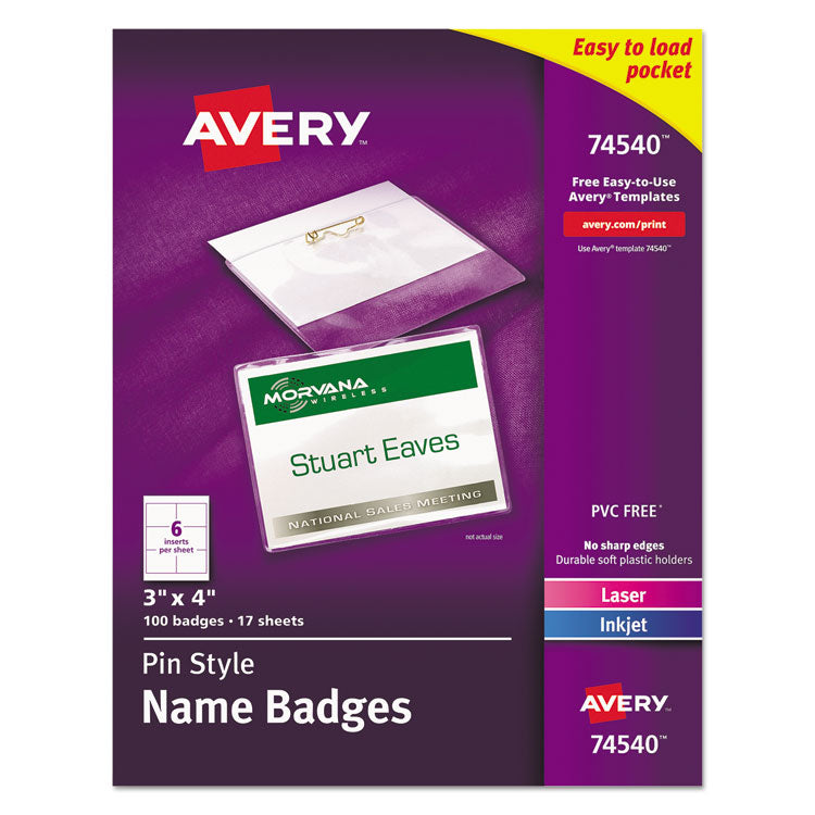 Avery - Pin-Style Badge Holder with Laser/Inkjet Insert, Top Load, 4 x 3, White, 100/Box