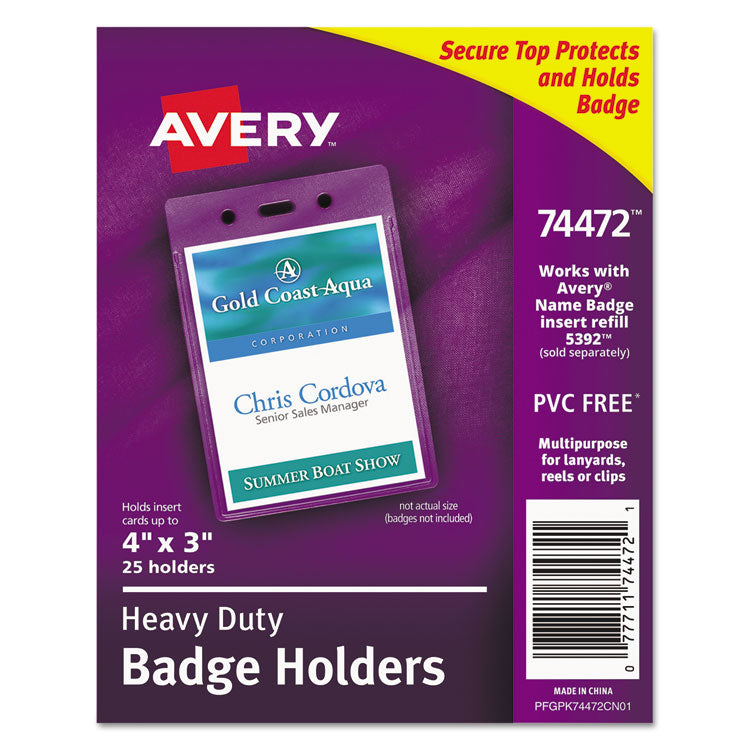 Avery - Secure Top Heavy-Duty Badge Holders, Vertical, 3w x 4h, Clear, 25/Pack