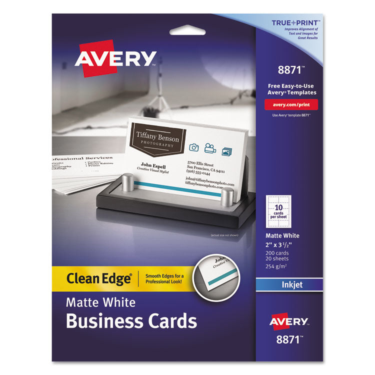 Avery - True Print Clean Edge Business Cards, Inkjet, 2 x 3.5, White, 200 Cards, 10 Cards/Sheet, 20 Sheets/Pack