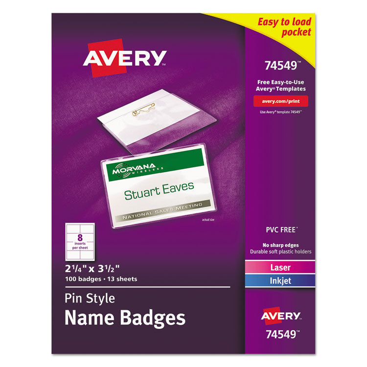 Avery - Pin-Style Badge Holder with Laser/Inkjet Insert, Top Load, 3.5 x 2.25, White, 100/Box