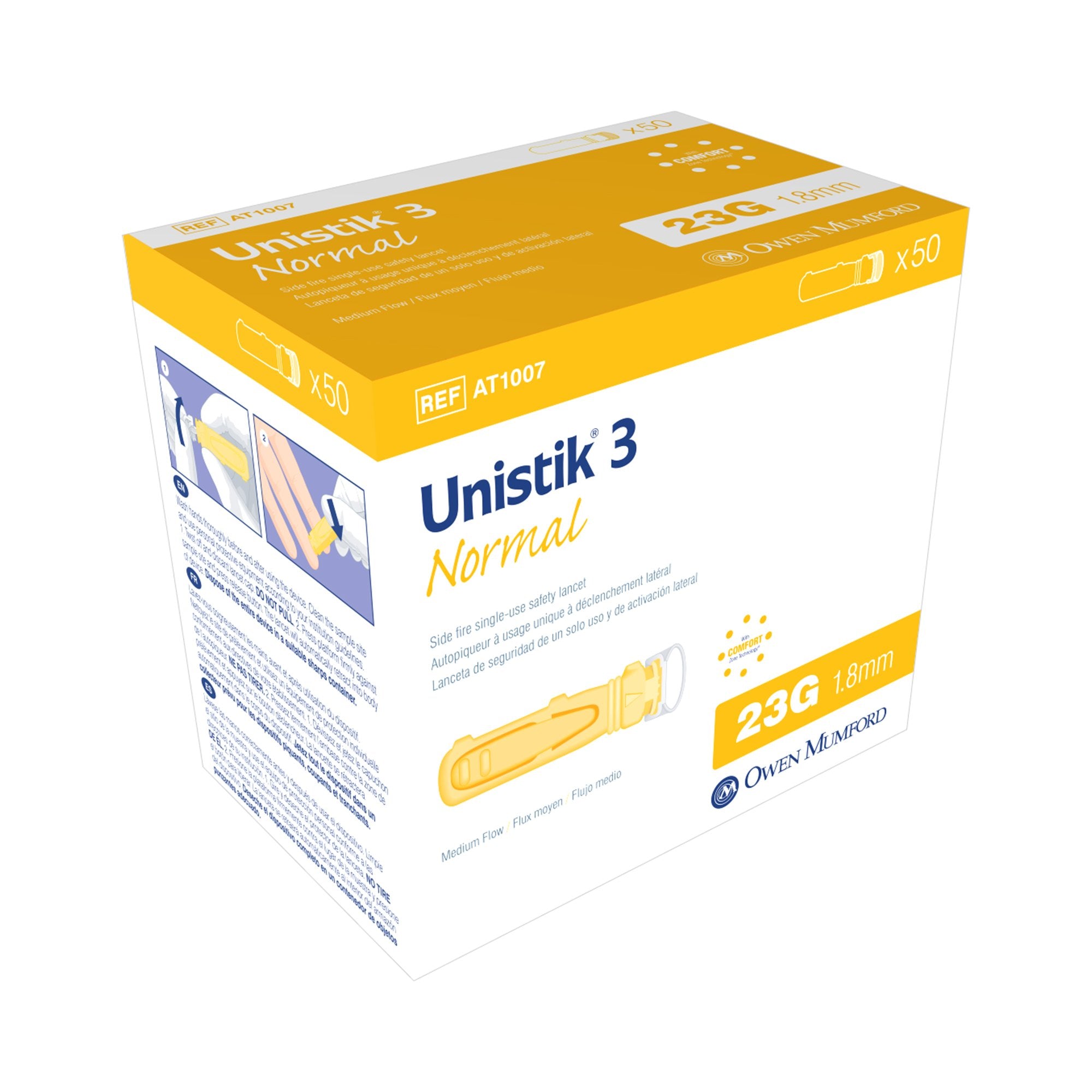 Owen Mumford - Safety Lancet Unistik 3 23 Gauge Retractable Push Button Activation Finger [50/BX]