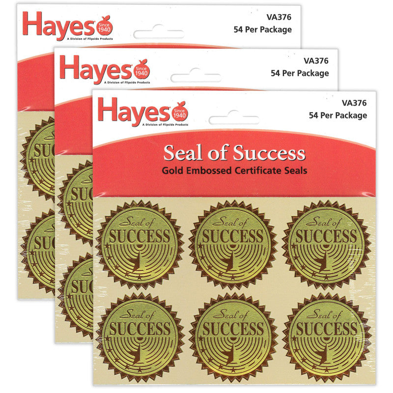 HAYES PUBLISHING - Gold Foil Embossed Seals, Seal of Success, 54 Per Pack, 3 Packs
