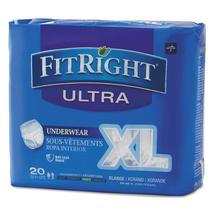 Medline - FitRight Ultra Protective Underwear, X-Large, 56" to 68" Waist, 20/Pack, 4 Pack/Carton