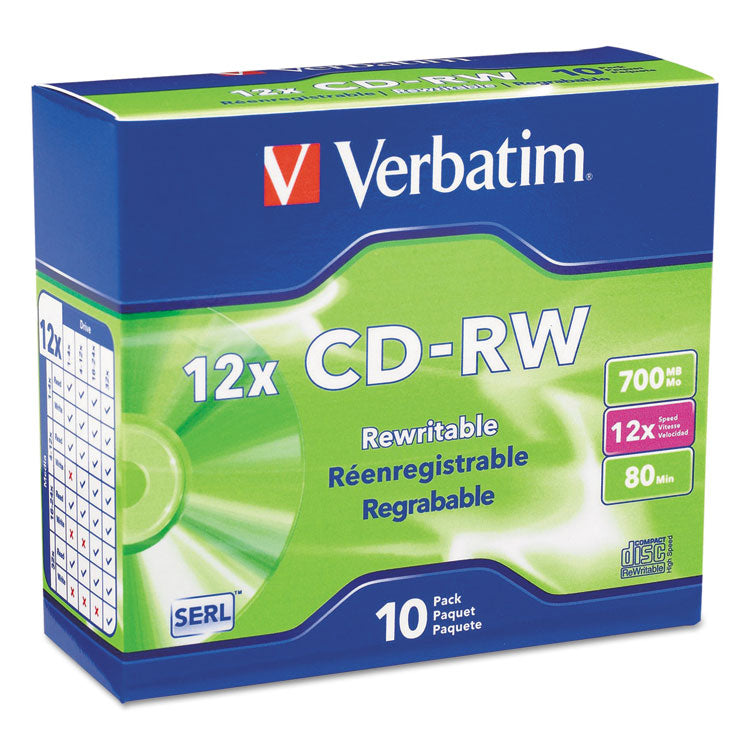 Verbatim - CD-RW High-Speed Rewritable Disc, 700 MB/80 min, 12x, Slim Jewel Case, Silver, 10/Pack