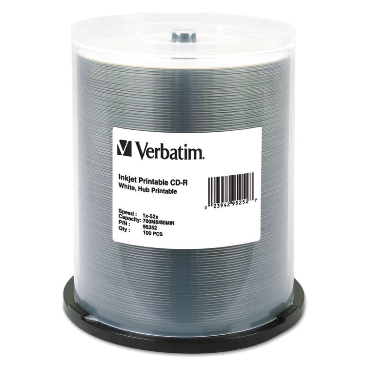 Verbatim - CD-R Printable Recordable Disc, 700 MB, 52x, Spindle, White, 100/Pack