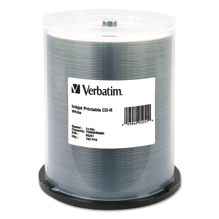 Verbatim - CD-R Printable Recordable Disc, 700 MB/80 min, 52x, Spindle, White, 100/Pack