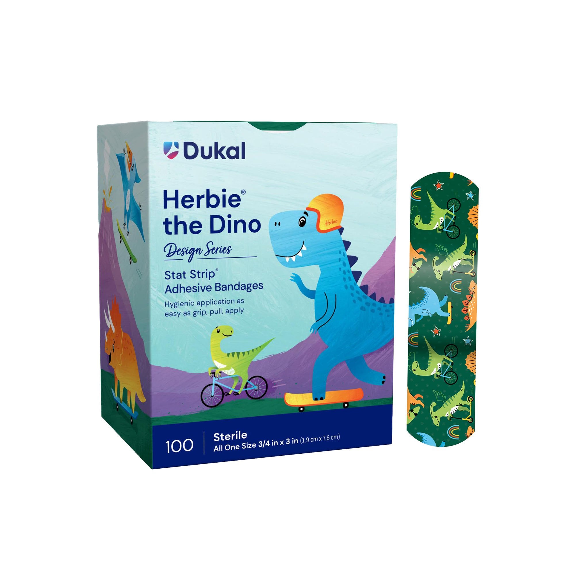 Dukal - Adhesive Strip Designer Series with Stat Strip® Technology 3/4 X 3 Inch Plastic Rectangle Kid Design (Herbie the Dinosaur) Sterile [100/BX]