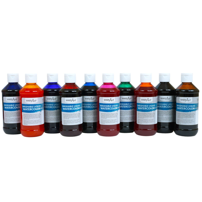 HANDY ART - Washable Liquid Watercolors, 8oz, 10-Color Basic Kit